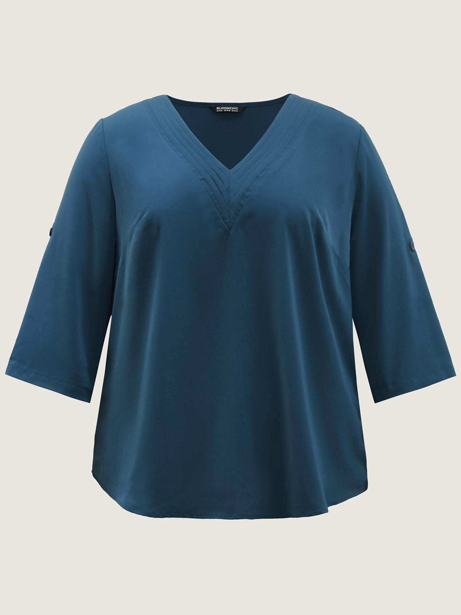 V Neck Plain Pleated Tab Sleeve Blouse